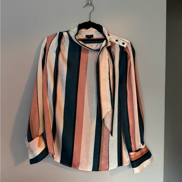 Worthington Pink and Black Blouse with Mandarin Collar and Tie Front - Picture 2 of 5